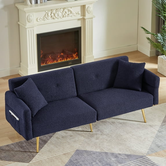 Jopath 80" Futon Sofa Bed,Teddy Upholstered Convertible Loveseat Sleeper Sofa Couch with Foldable Armrest,Adjustable Backrest and Golden Metal Legs for Living Room,Dark Blue
