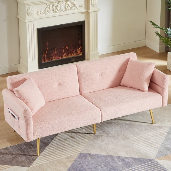 Jopath 80" Futon Sofa Bed,Teddy Upholstered Convertible Loveseat Sleeper Sofa Couch with Foldable Armrest,Adjustable Backrest and Golden Metal Legs for Living Room,Pink