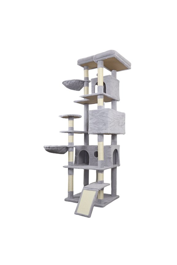 84.6 in Light Gray Cat Tree Tower with Wide Base, 3 Large Hinding Condo, 11 Sisal Scratching Post,2 Hammocks, Large Top Platform, Many landing Perch and Interactive toy