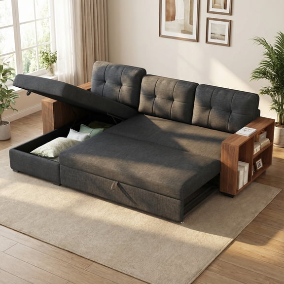 Jopath 84" Sectional Sofa Bed with Storage Chaise,Upholstered Pull Out Couch Bed with Wooden Handrail for Living Room,Apartment,Dark Grey