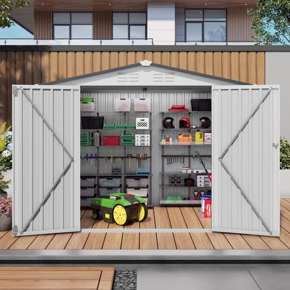 Jopath 8x6 FT Metal Outdoor Garden Storage Shed, Tool Shed with Pitched Roof Waterproof with One Window and Two Lockable Door for Garden Tool Storage, Sundries and Bike Storage, White+Gray