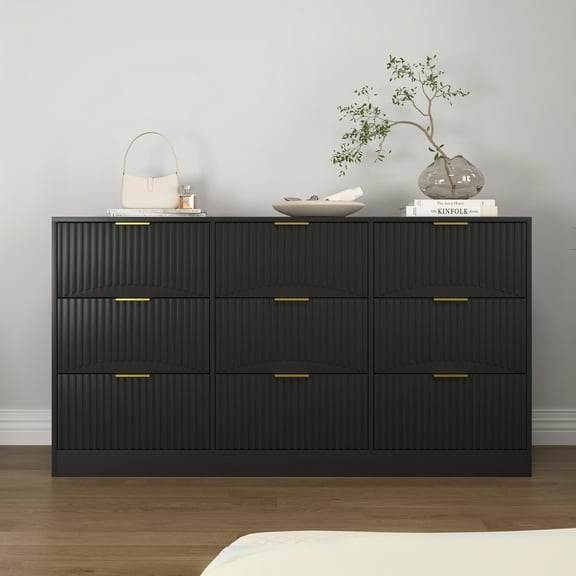 Jopath 9 Drawer Dresser, 63" Large Deep Chest of Drawers, Wooden Dresser Storage Cabinet with for Bedroom Drawer panel with wavy patterns for Living Room, Hallway Black