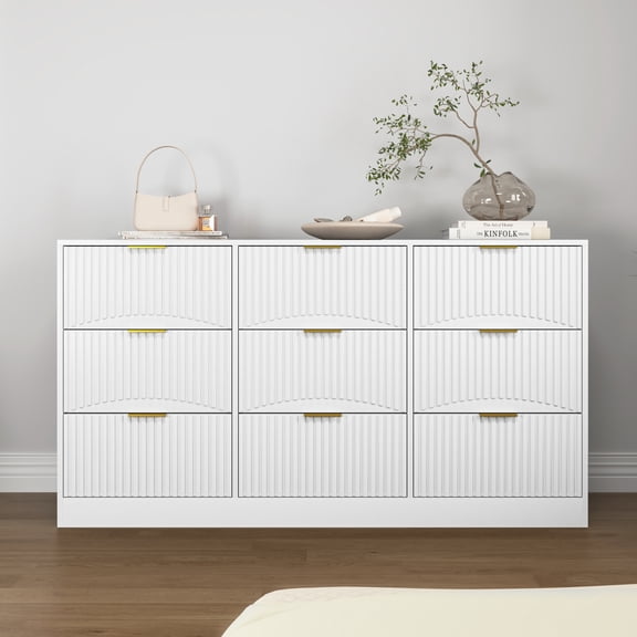 Jopath 9 Drawer Dresser, 63" Large Deep Chest of Drawers, Wooden Dresser Storage Cabinet with for Bedroom Drawer panel with wavy patterns for Living Room, Hallway White