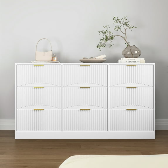 Jopath 9 Drawer Dresser, 63" Large Deep Chest of Drawers, Wooden Dresser Storage Cabinet with for Bedroom Drawer panel with wavy patterns for Living Room, Hallway White