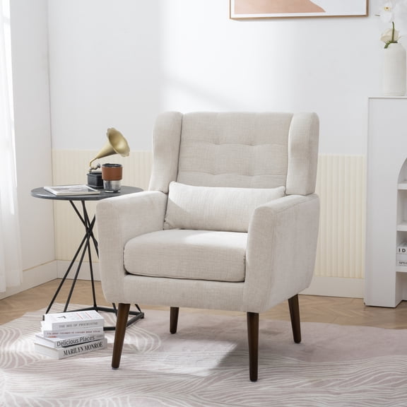 Jopath Accent Chair,Chenille Arm Chairs with Solid Wood Leg ,Comfy Soft Padded Lounge Chair with Pillow for Living Room Bedroom Apartment Beige
