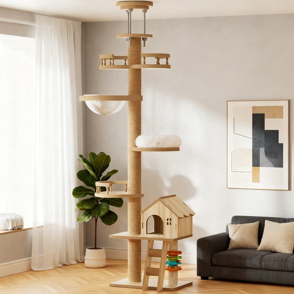 Jopath Adjustable Height Cat Tree, Cat Tower with Scratching Post, Large Wood Condo Cave Bed and Hammock Floor to Ceiling Cat Tree for Small Large Cats