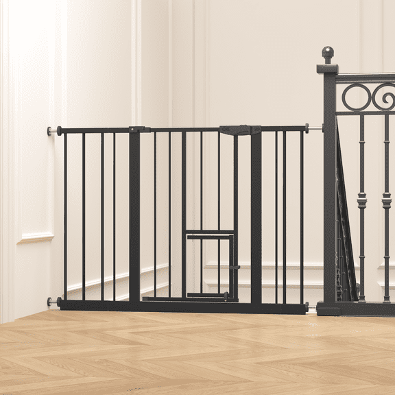 Jopath Baby Gate with Cat Door, 29.5-44.1" Metal Pet Door for Stairs & Doorways,Pressure Mounted,No Tools Needed, Black