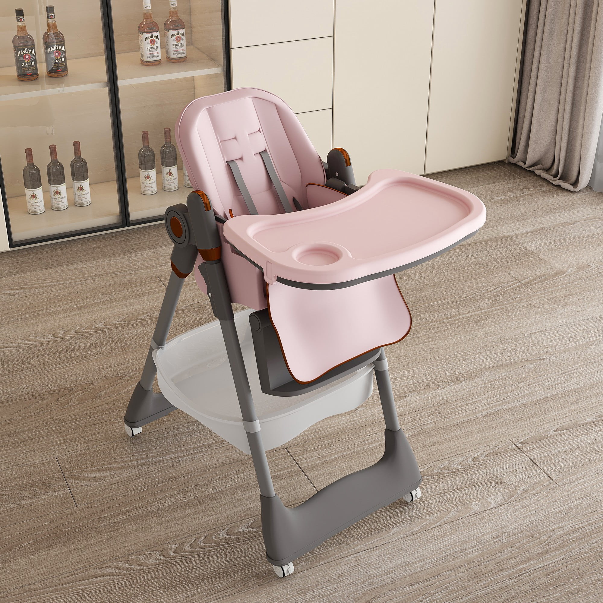 Jopath Baby High Chair with 5-Point Harness,Adjustable Portable Foldable Feeding Chair with Wheels & Removable 2-Tier Tray for Dining,Pink