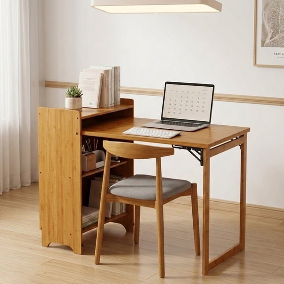 Jopath Bamboo Folding Desk, Foldable Desk for Small Space, Computer Desk with Hidden Storage, Mid Century Foldable Table for Home Office and Bedroom (Natural)