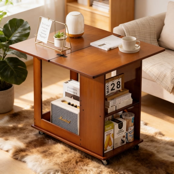 Jopath Bamboo Folding Edge Table with Movable Storage, Foldable Tabletop Suitable for Beds and Sofas, Multiple Storage Spaces, for Bedroom, Home Office, Dorm, Apartment Walnut