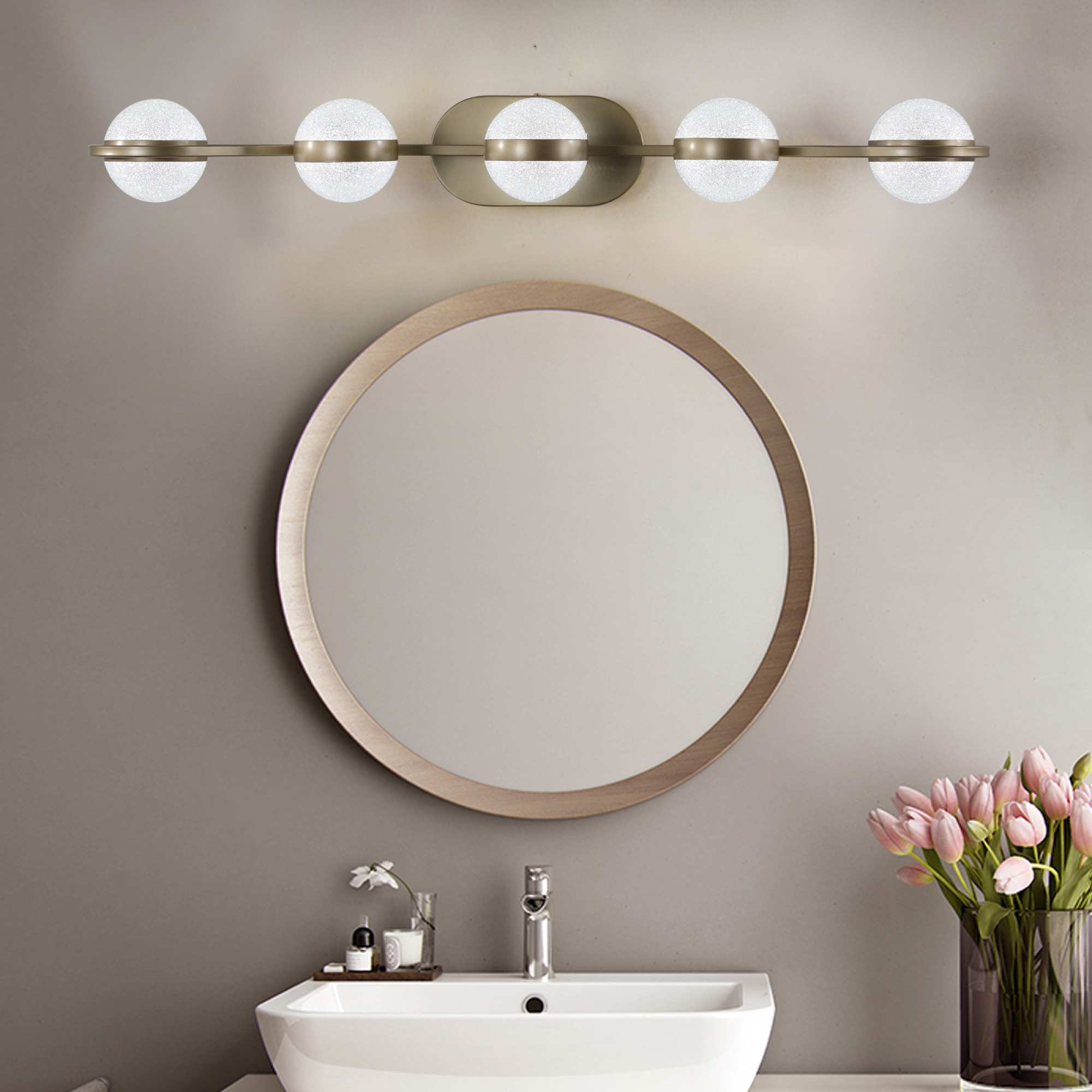 Jopath Bathroom Vanity Light, 5-Light Crystal Sand Acrylic Shades, Wall Mounted Decorative Lighting Fixture for Bathroom Vanity Mirror (Champagne Gold)