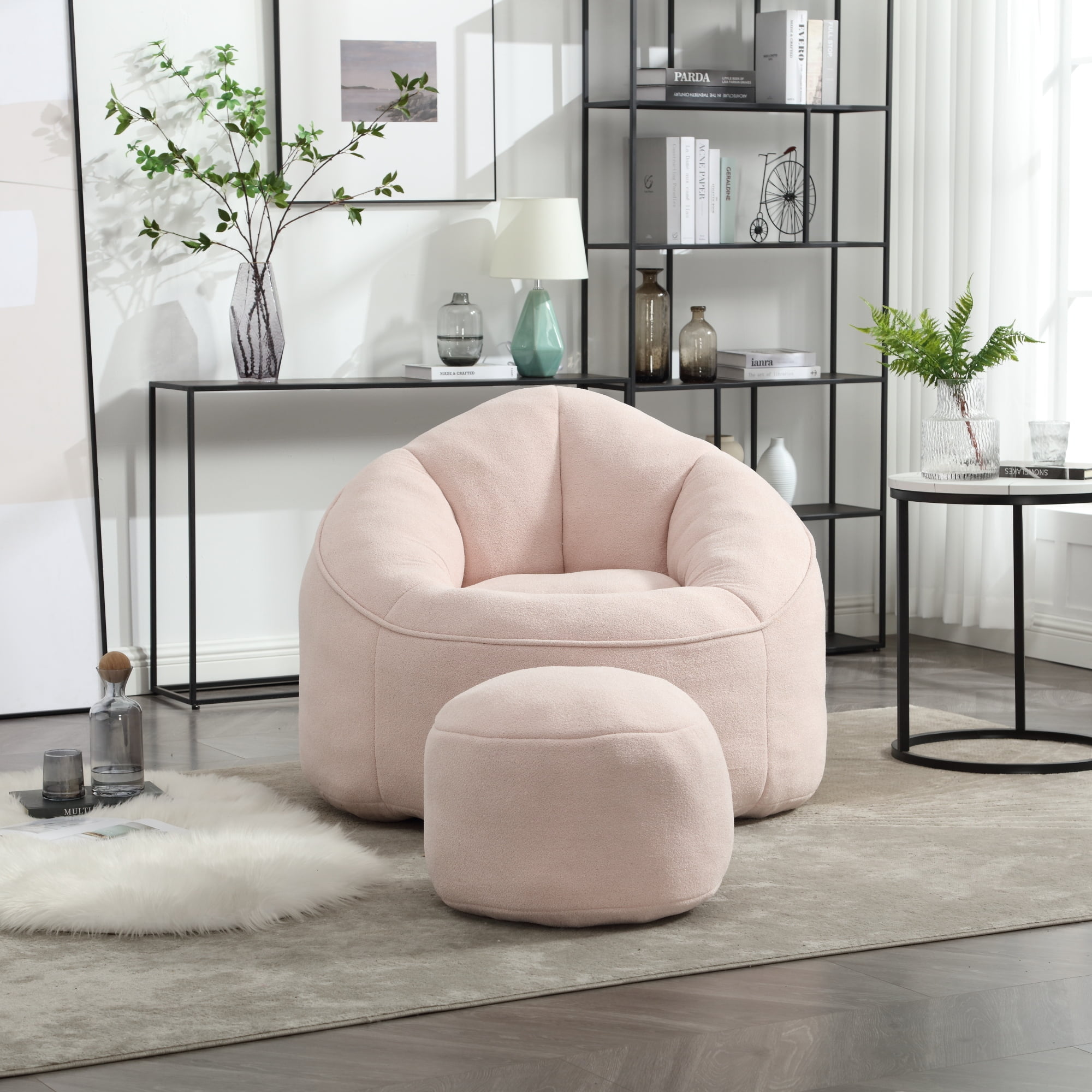 Jopath Bean Bag Chair with Footstool, Lazy Sofa for Adults and Kids, Floor Sofa for Gaming Reading Living Room Bedroom Pink