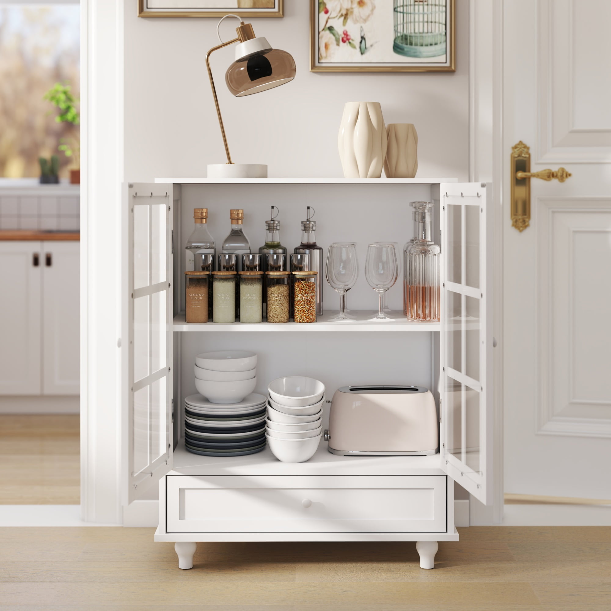 Jopath Buffet Cabinet with Double Glass Doors and Drawer, Modern Wooden Storage Sideboard Cupboard for Living room Dining Room Hallway Entryway White