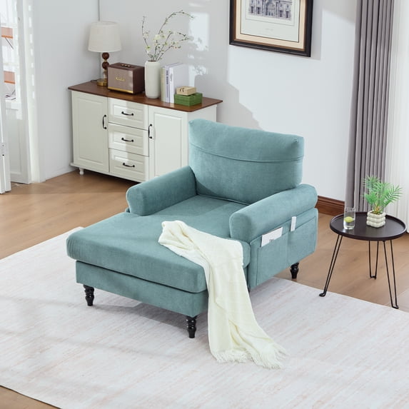 Jopath Chenille Chaise Lounge Chair Single Sofa Chair,Modern Upholstered Reading Chair Armchair with Wooden Sofa Legs and Side Pockets for Living Room, Bedroom, Office,Mint Green