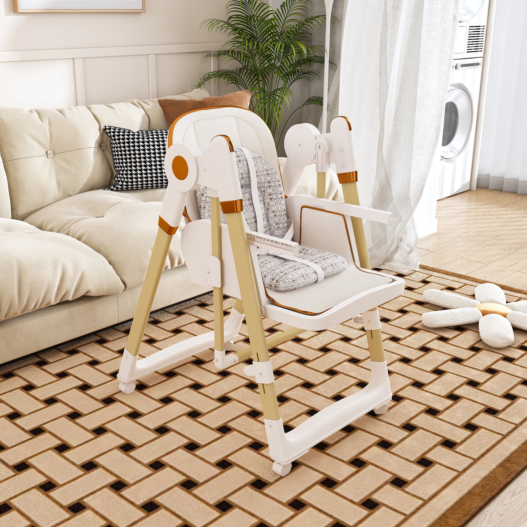 Jopath Convertible Baby High Chair with 5-Point Harness,Adjustable Portable Foldable Feeding Chair with Wheels & Removable 2-Tier Tray for Dining,White