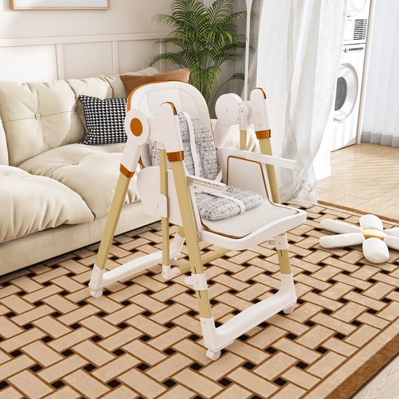 Jopath Convertible Baby High Chair with 5-Point Harness,Adjustable Portable Foldable Feeding Chair with Wheels & Removable 2-Tier Tray for Dining,White