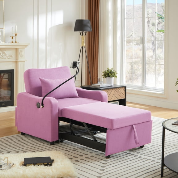 Jopath Convertible Sleeper Sofa Chair Bed,3 in 1 Linen Single Sofa with USB Port and Phone Holder,Pull Out Couch Recliner with Adjustable Backrest for Living Room, Office, Small Place,Black