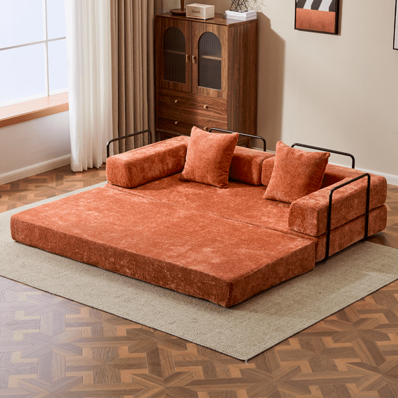 Jopath Convertible Sofa Bed with Pillows, Chenille Folding Mattress Sleeper Sofa Couch with Fixed-Shape Frame, Floor Sofa Bed Couch for Living Room Bedroom Lounge,Orange+Chenille