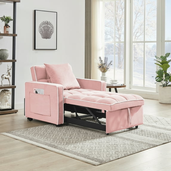 Jopath Convertible Sofa Chair Bed,3-in-1 Sleeper Sofa with Pull-Out Bed,Modern Velvet Single Sofa Chair with Reclining Backrest and Wide Armrest for Living Room Small Space,Pink