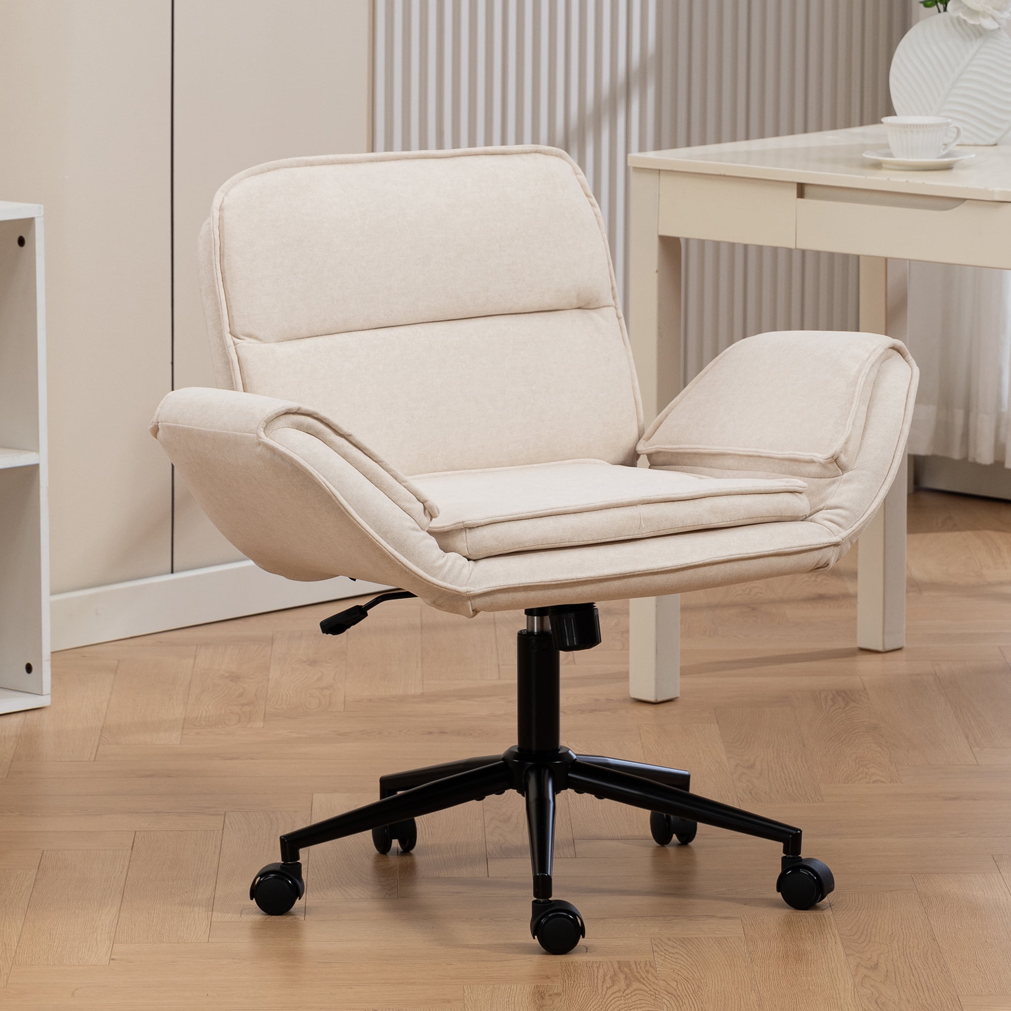 Jopath Criss Cross Chair with 5-Gear Adjustable Armrests and Wheels, Ergonomic Thickened Backrest Swivel Desk Chair for Home Office Vanity Bedroom and Living Room Beige Cloth