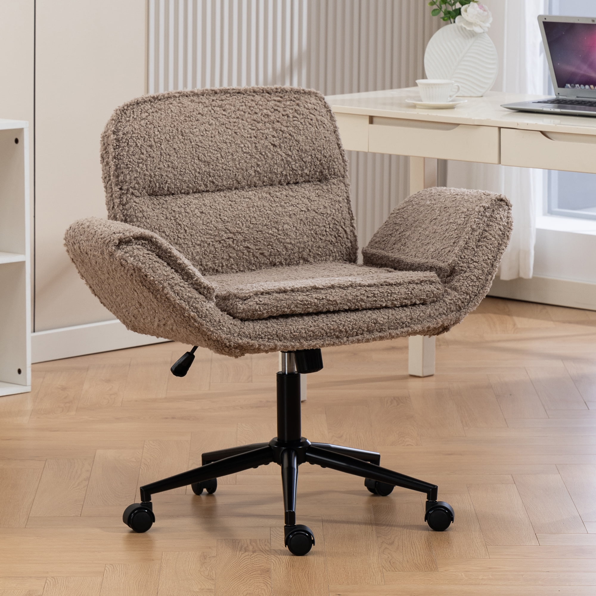 Jopath Criss Cross Chair with 5-Gear Adjustable Armrests and Wheels, Ergonomic Thickened Backrest Swivel Desk Chair for Home Office Vanity Bedroom and Living Room Brown Teddy Fleece
