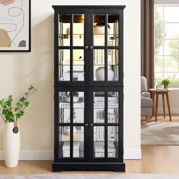 Jopath Display Cabinet with Glass Doors, Antique Display Cabinet with Adjustable Shelves Four Door Design Storage Cabinet for Home and Office Bulb Included Black 1