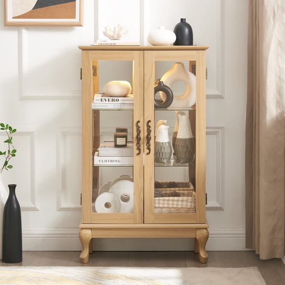 Jopath Display Cabinet with Glass Doors, Curio Cabinet with Adjustable Glass Shelves and Mirrored Back Panel Lighted Storage Cabinet for Home Office Oak