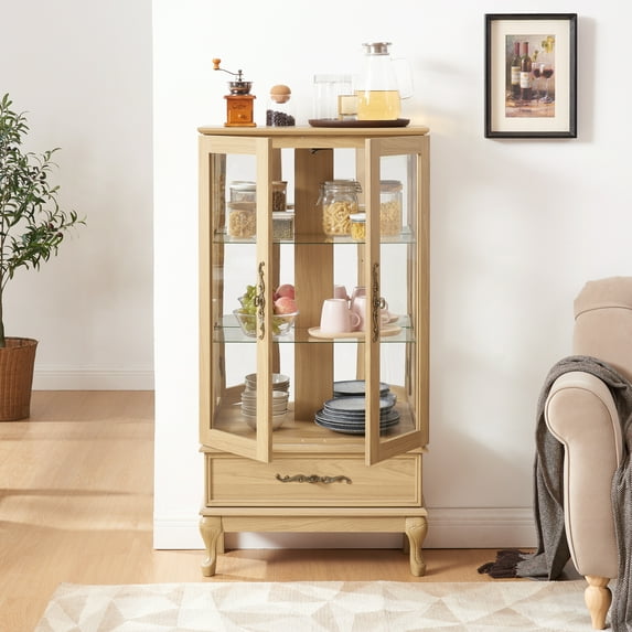 Jopath Display Cabinet with Glass Doors, Curio Glass Wine Cabinet with Adjustable Glass Shelves and Drawer Cabinet Sideboard With Bulb Included for Home Decor and Organization Light Oak