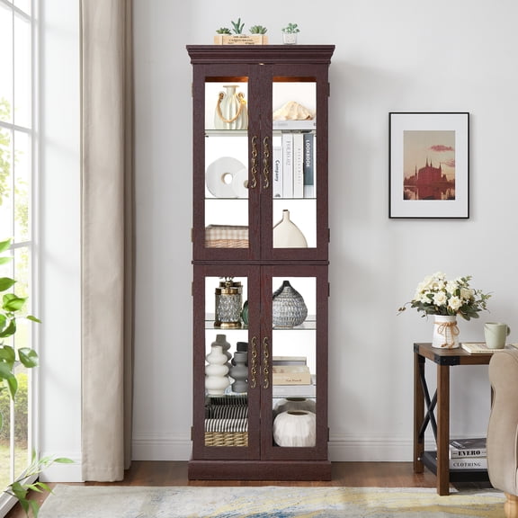 Jopath Display Cabinet with Glass Doors, Curio Storage Cabinet With Light Wine Cabinet with Adjustable Glass Shelves for Living Room Kitchen Pantry Dark Cherry(Bulb Included)