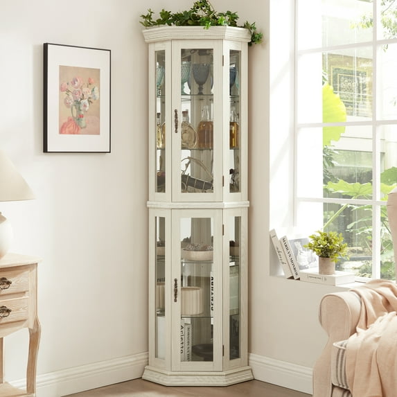 Jopath Display Cabinet with Glass Doors, Glass Corner Cabinet With Light, Wine Cabinet with Adjustable Glass Shelves for Living Room White(Bulb Included)