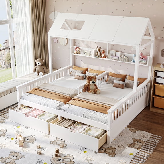 Jopath Double Twin Platform Bed with Storage Shelves and Drawers, House Platform Bed with Support Slats, Childlike and Playhouse Design for Boys Girls White