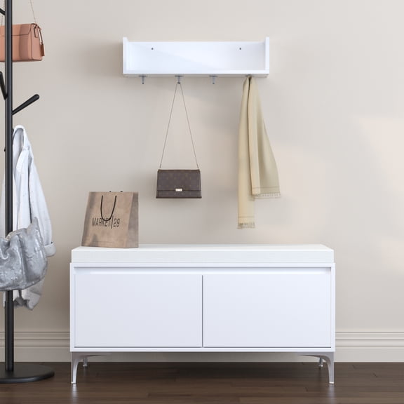 Jopath Entryway Bench with Shoe Storage, Wall-Mounted Entryway Shelf with Hooks, Modern White Shoe Cabinet with Cushion and Closed Storage for Hallway, Bedroom, or Mudroom