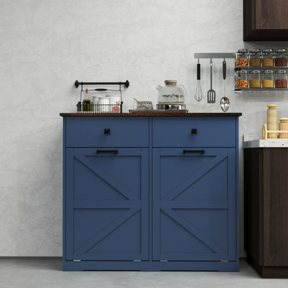 Jopath Farmhouse Double Tilt Out Trash Cabinet for 20 Gallon Trash Cans, Free Standing Recycling Cabinet with Hideaway Drawer, Laundry Sorter Cabinet for Living room Bathroom Kitchen Navy Blue