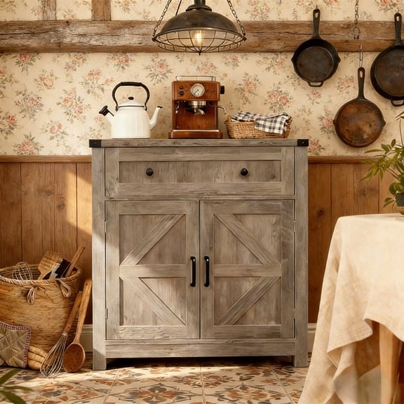 Jopath Farmhouse Storage Cabinet with 2 Doors, Kitchen Buffet Sideboard with Drawer Washed Wood for Kitchen and Living Room Light Gray