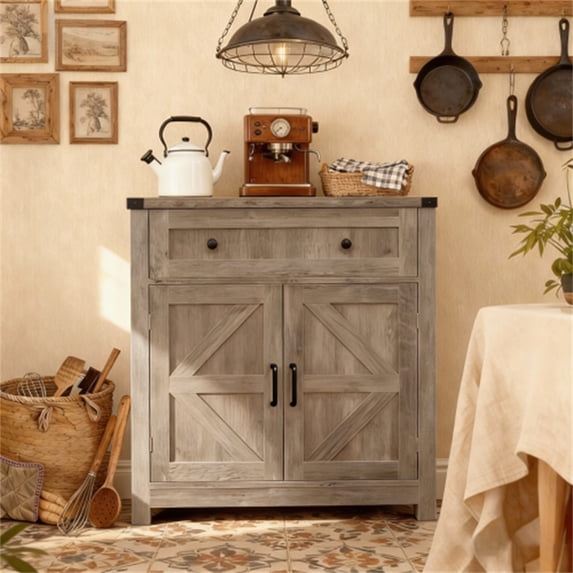 Jopath Farmhouse Storage Cabinet with 2 Door, Coffee Bar Buffet Sideboard with Drawer Washed Wood for Kitchen and Living Room Light Gray