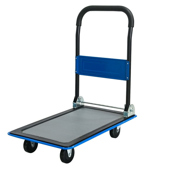 Jopath Flatbed Cart, Foldable Dolly Cart Push Platform 330lbs Heavy Duty Capacity Platform Hand Truck 360 Degree Swivel Wheels Foldable Push Hand Cart for Loading and Storage blue