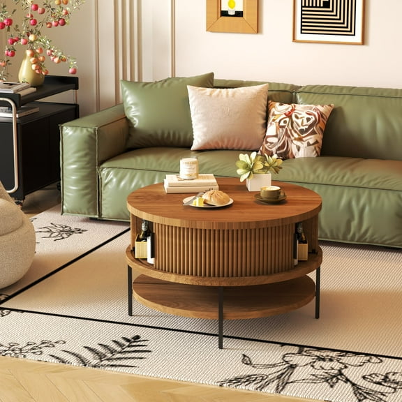 Jopath Flip Top Coffee Table with Storage, Round Modern Farmhouse Center Table with Hidden Compartment and Sliding Doors for Living Room