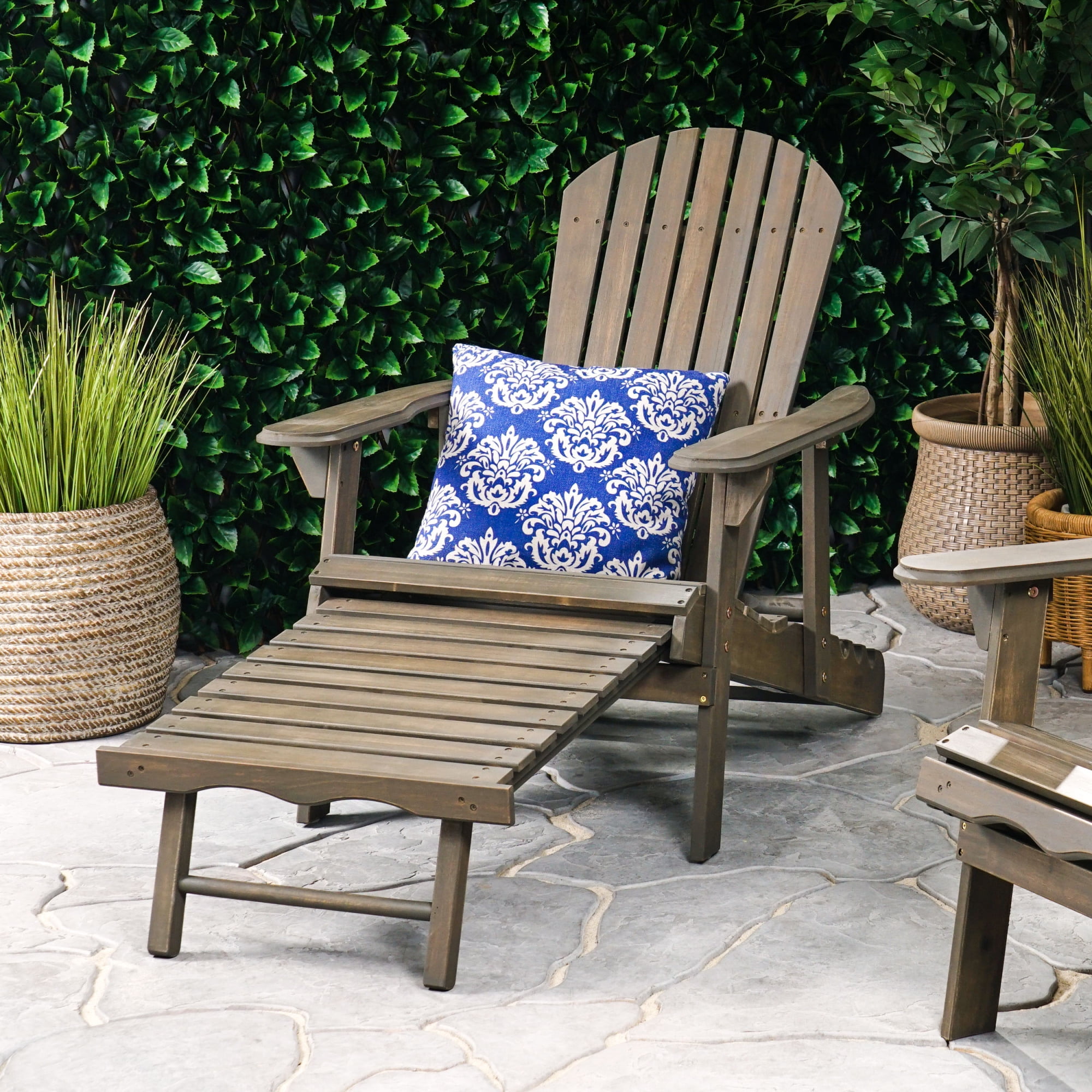Jopath Folding Adirondack Chair with Extendable Leg Rest Outdoor Wooden Lounge Chairs with Slatted Back and Wide Armrests for Patio Garden Gray