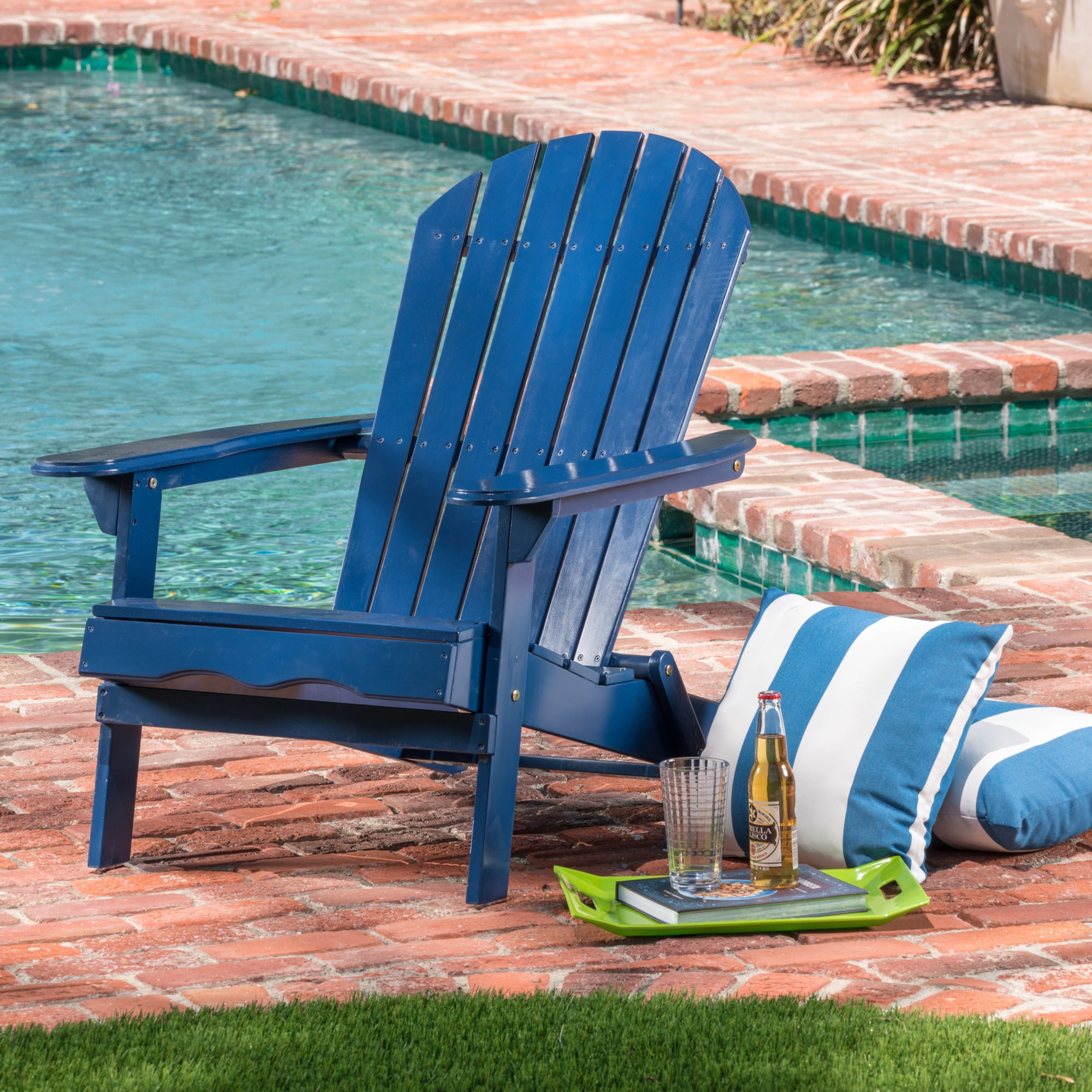 Jopath Folding Adirondack Chair with Slatted Back and Wide Armrests Outdoor Wooden Accent Furniture Lounge Chairs for Patio Garden Blue
