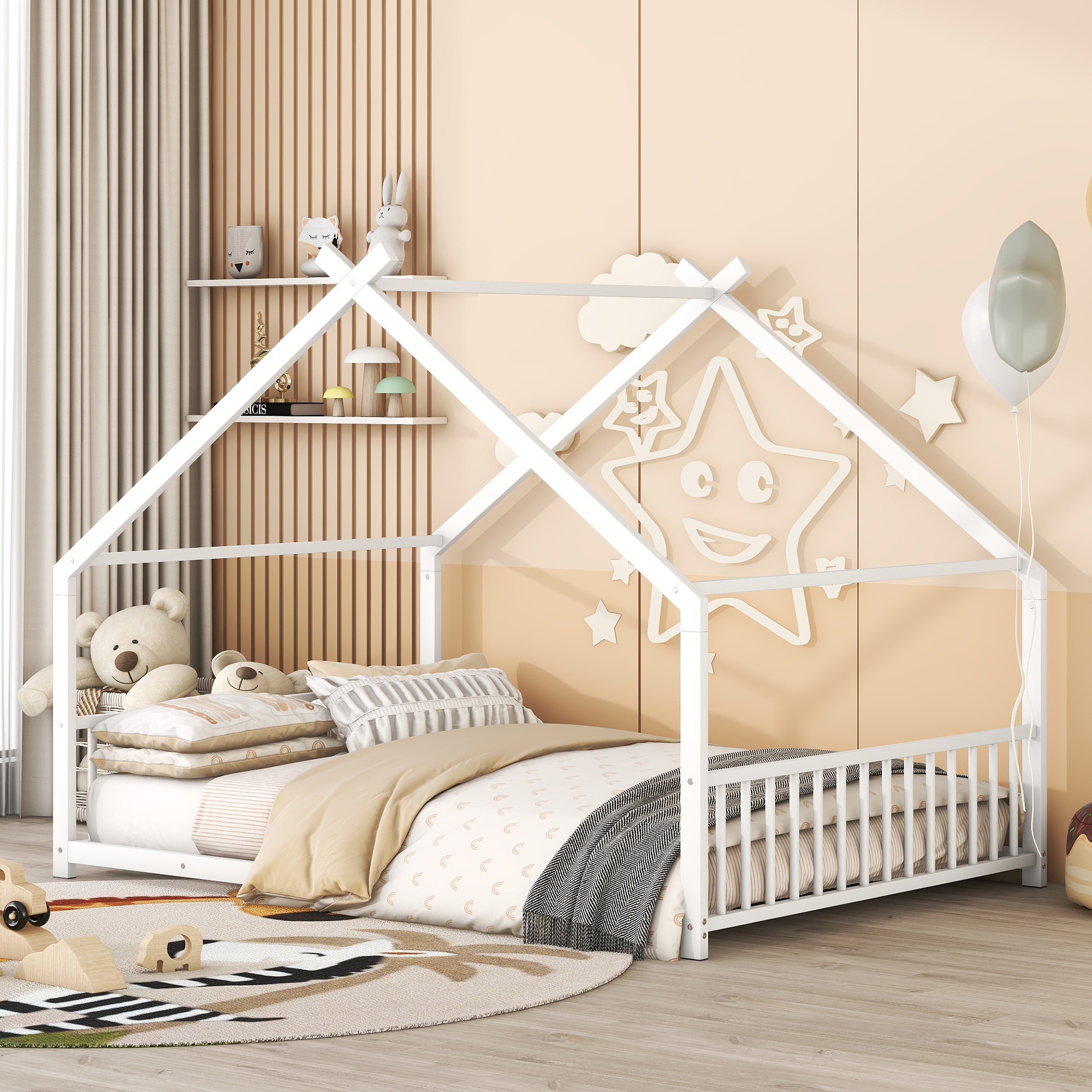 Jopath Full Size Bed Metal Floor Bed,Full House Bed Frame Floor Bed Frame,With Roof With Headboard And Footboard With Slats Support For Kids Toddler White