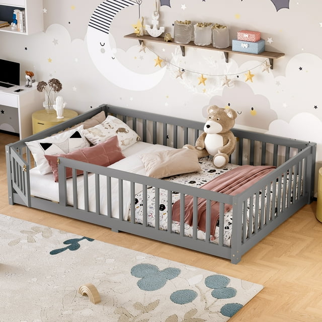 Jopath Full Size Floor Bed Frame,Montessori Bed with Guardrails and Door,with Slatted Base,for Kids,Boys,Girls,Gray