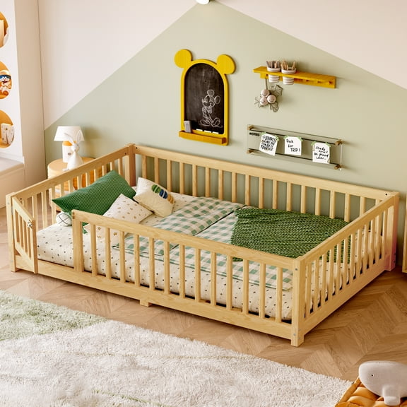 Jopath Full Size Floor Bed Frame,Montessori Bed with Guardrails and Door,with Slatted Base,for Kids,Boys,Girls,Natural