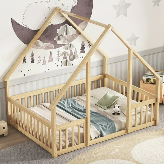 Jopath Full Size Floor Bed Frame Montessori Bed with House-Shaped Floor Bed with Fence, Guardrails for Kids,Boys,Girls Natural