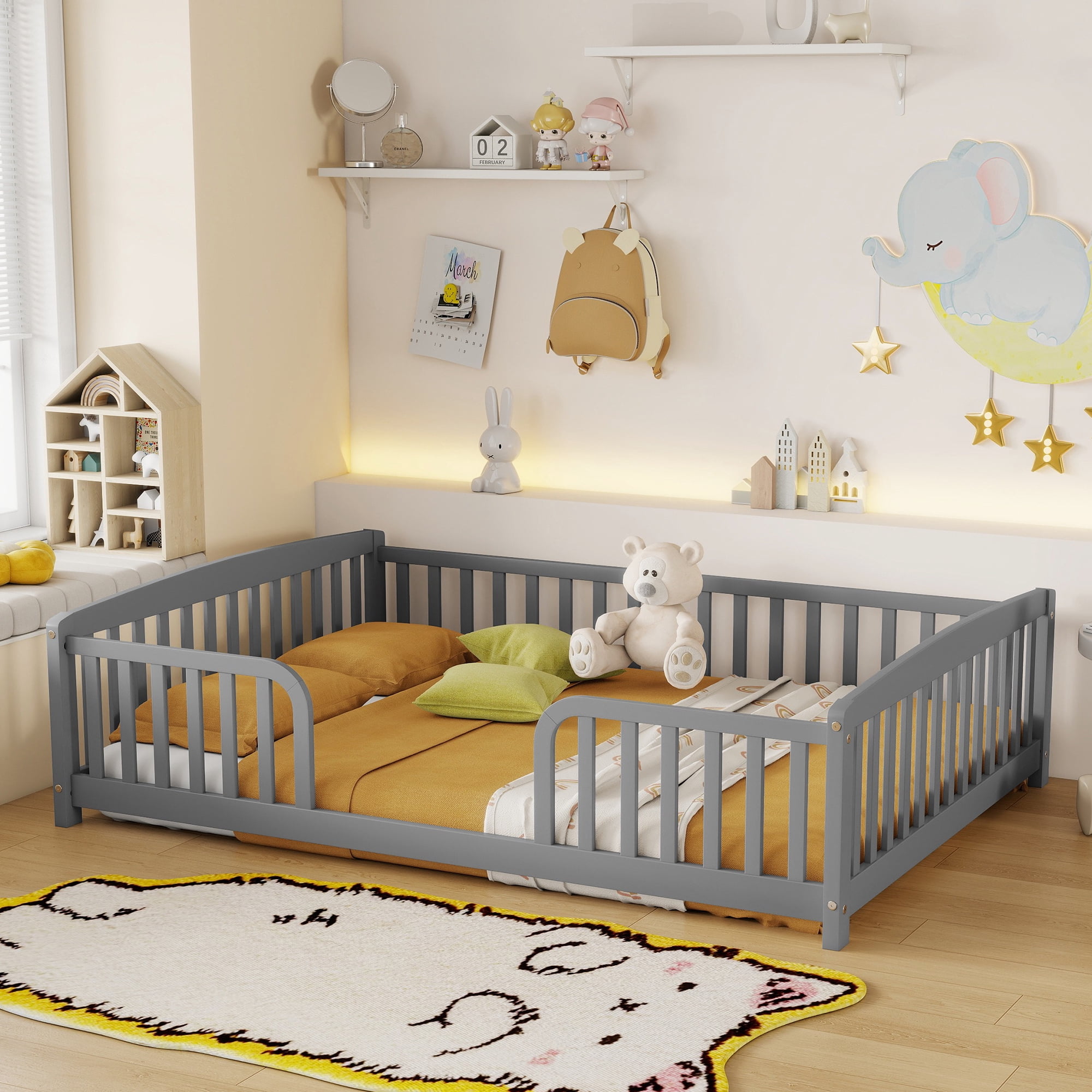 Jopath Full Size Floor Fence Bed with Central Entrance,Pine Wood Floor bed with Guardrails for Boys Girls Grey