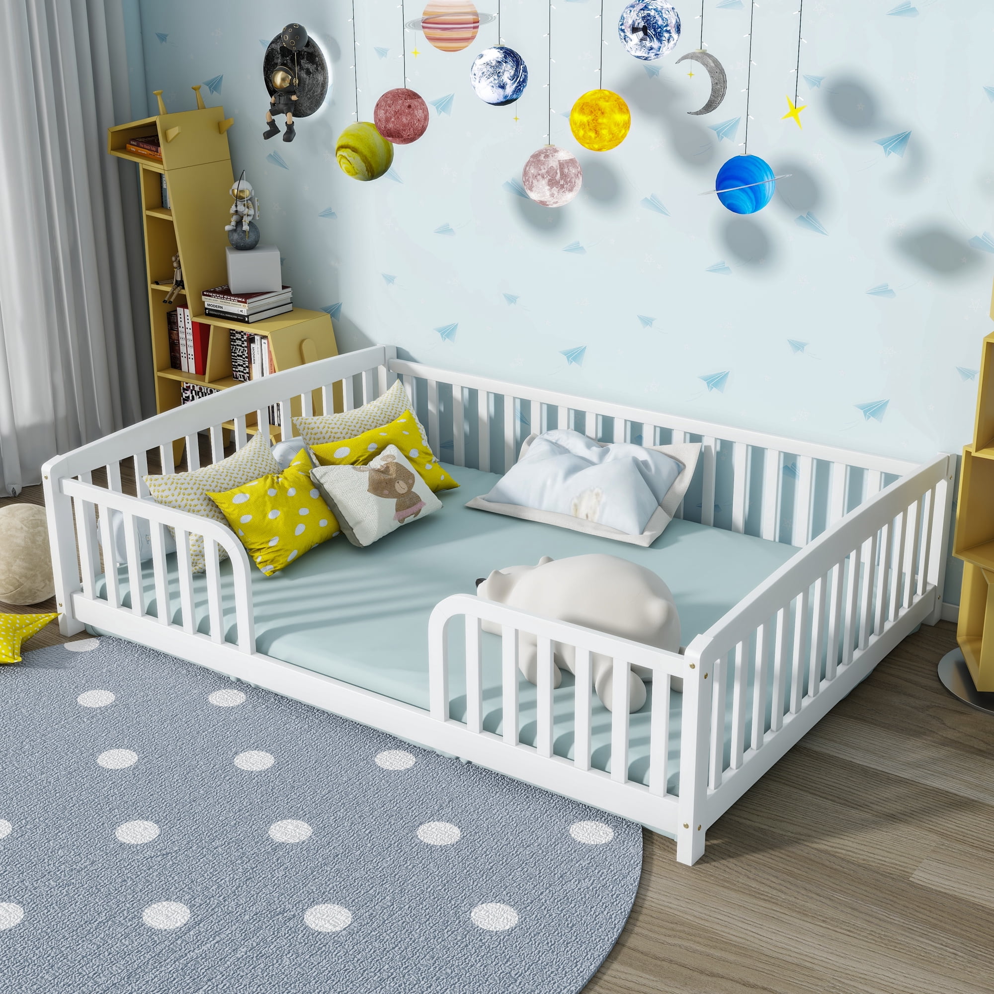 Jopath Full Size Floor Fence Bed with Central Entrance,Pine Wood Floor bed with Guardrails for Boys Girls White
