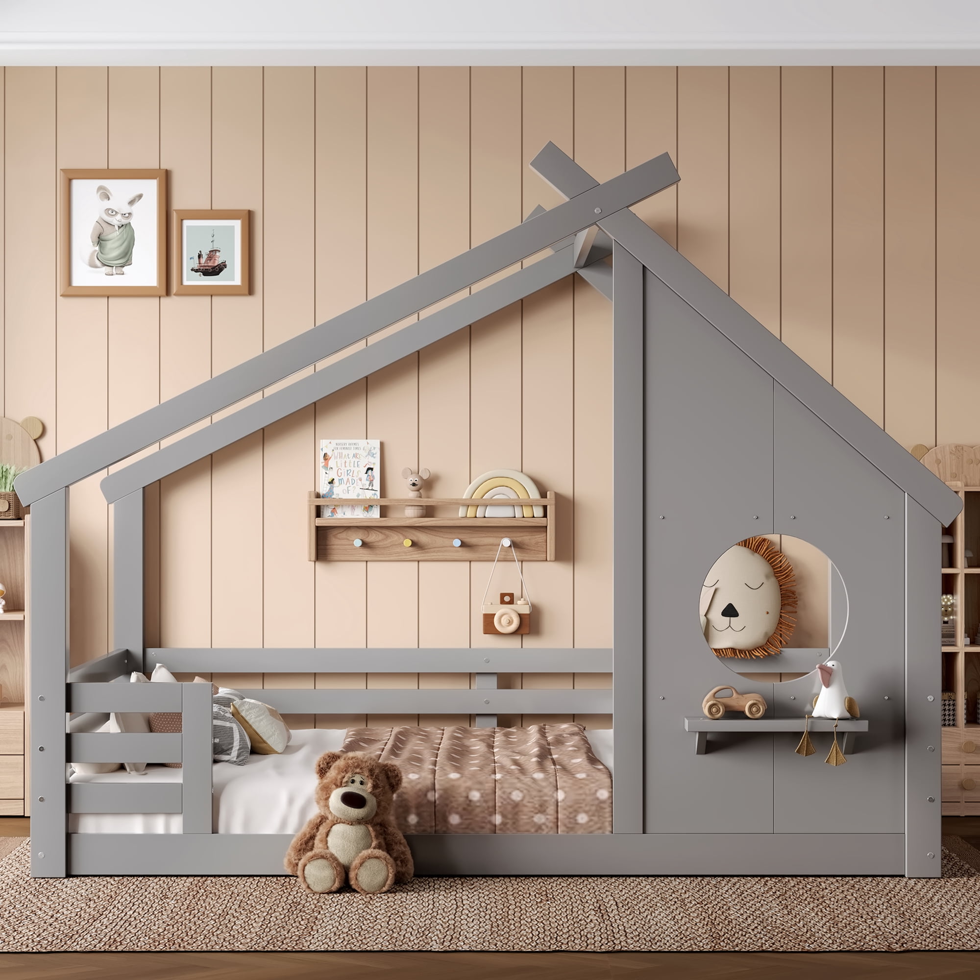 Jopath Full Size House Floor Bed with Window and a Small Shelf, Solid Wood Floor Bed with House-shaped Roof for Boys Girls Gray