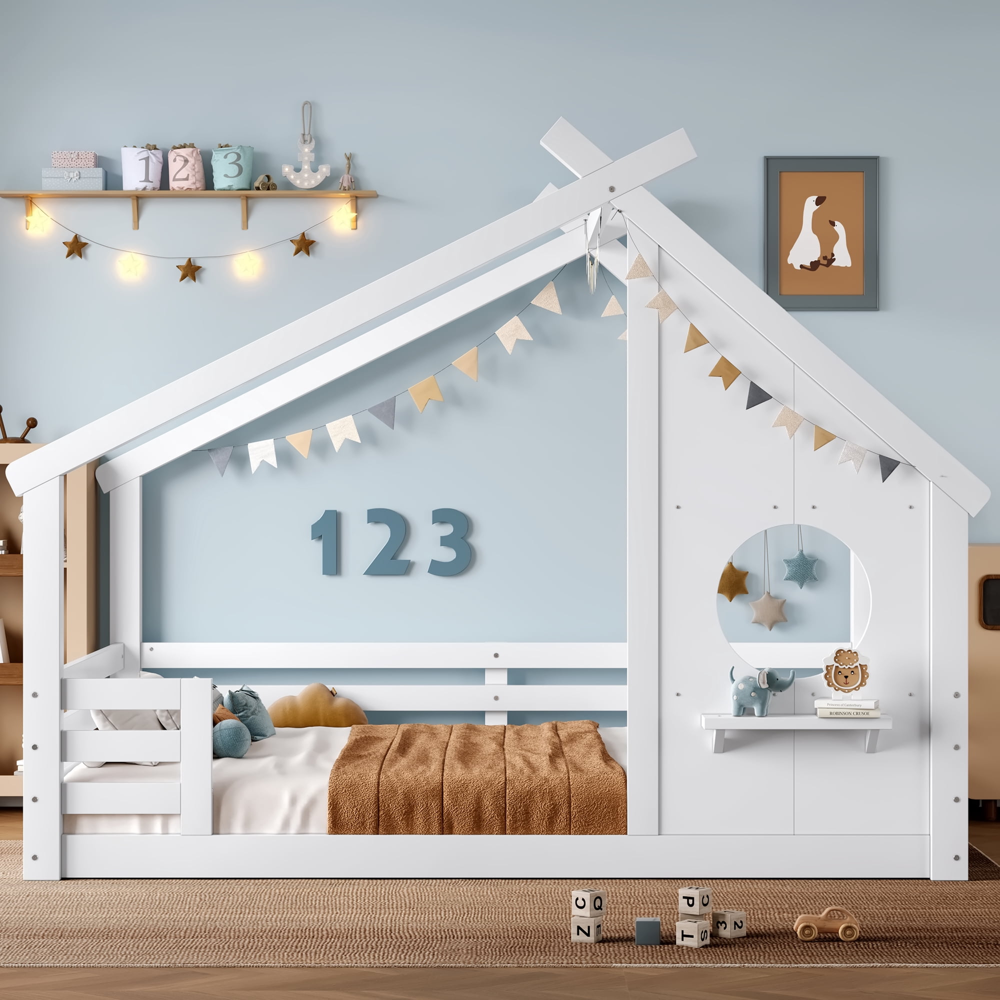 Jopath Full Size House Floor Bed with Window and a Small Shelf, Solid Wood Floor Bed with House-shaped Roof for Boys Girls White