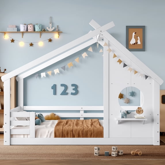 Jopath Full Size House Floor Bed with Window and a Small Shelf, Solid Wood Floor Bed with House-shaped Roof for Boys Girls White