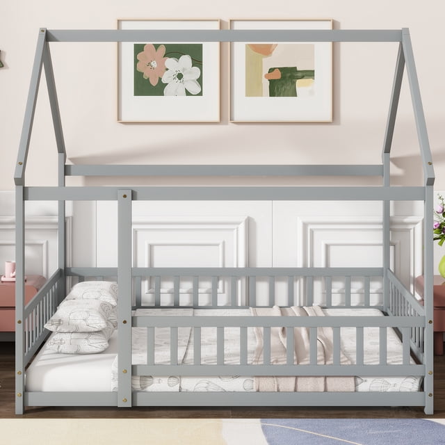 Jopath Full Size House Floor Wooden Bed with Roof Frame, Safety Guardrails for Boys Girls Grey