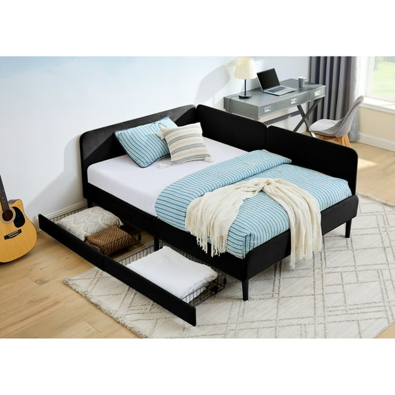 Jopath Full Size Upholstered Platform Bed Frame Adjustable Velvet Sofa Bed With 2 Storage Drawers, Cushioning And Backrest Of The Sofa Bed Are Designed With Smooth Velvet Black